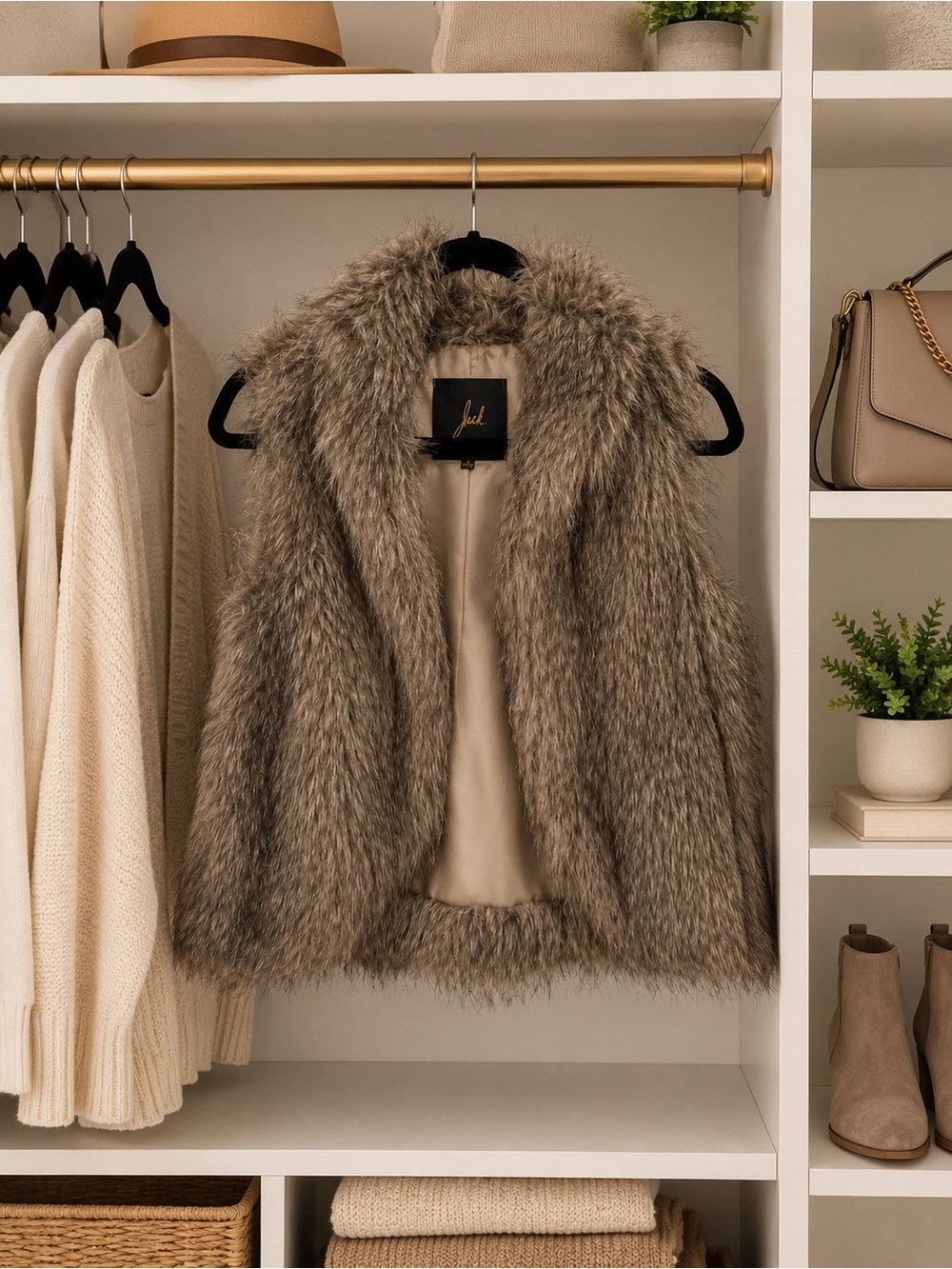 Faux Fur Vest Jacket in Taupe